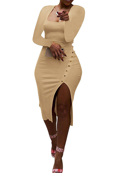 Khaki Women Autumn Square Neck Bodycon Sexy Split Solid Color High Waist Mid Dress Q934-2