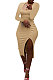 Khaki Women Autumn Square Neck Bodycon Sexy Split Solid Color High Waist Mid Dress Q934-2