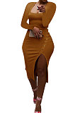 Red Women Autumn Square Neck Bodycon Sexy Split Solid Color High Waist Mid Dress Q934-4