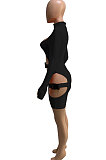 Rose Red Women Club Wear Hollow Out Solid Color Buckle Long Sleeve Sexy Romper Shorts Q940-7