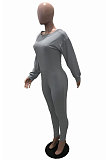 White Simple Wholesal Ribber Long Sleeve Round Neck Collcet Waist Pure Color Sport Jumpsuits YSH6183-1
