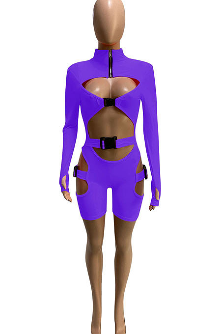 Neon Green Women Club Wear Hollow Out Solid Color Buckle Long Sleeve Sexy Romper Shorts Q940-5