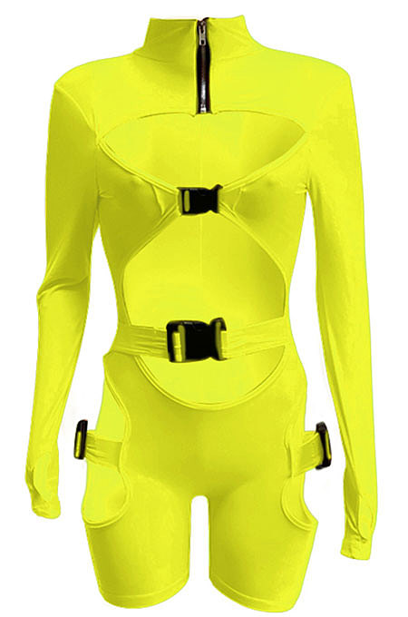 Neon Green Women Club Wear Hollow Out Solid Color Buckle Long Sleeve Sexy Romper Shorts Q940-5