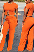 Orange Euramerican Sexy Women Dew Waist Short Sleeve Pocket Pure Color Pants Sets KF61-6