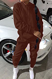 Coffee Modest Casual Long Sleeve Hoodie Sweat Pants Solid Color Two-Piece YSH6199-3