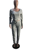 Black Simple Long Sleeve Low-Cut Crop Top Long Pants Solid Color Sport Sets YSH6209-2