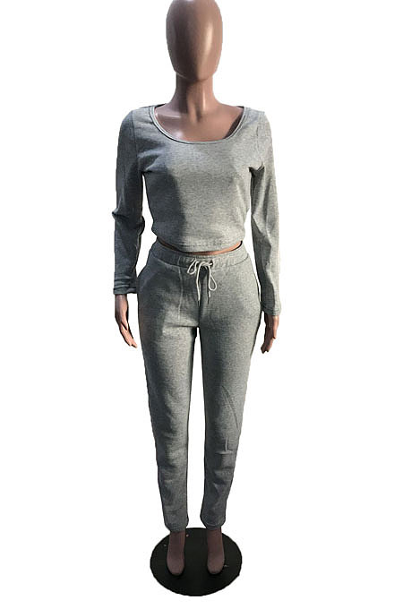 Black Simple Long Sleeve Low-Cut Crop Top Long Pants Solid Color Sport Sets YSH6209-2