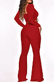 Light Blue Women Autumn Winter Ribber Solid Color Shirred Detail V Collar Sexy Tiny Flared Pants Sets Q921-2