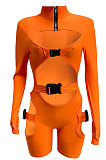 Orange Women Club Wear Hollow Out Solid Color Buckle Long Sleeve Sexy Romper Shorts Q940-4