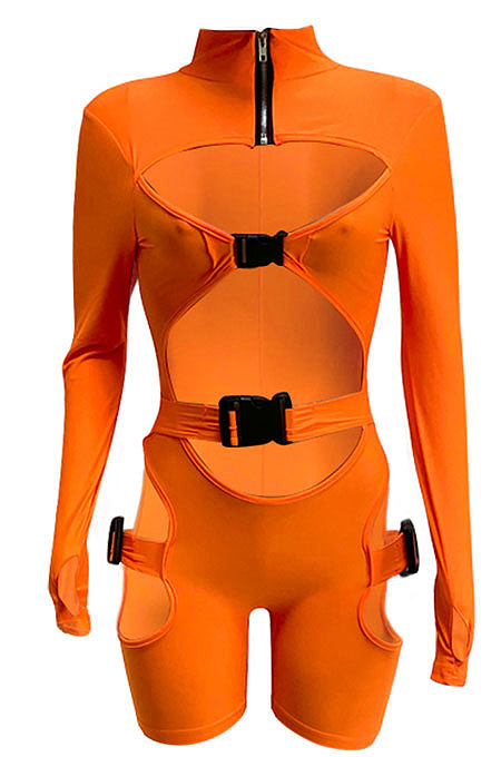 Orange Women Club Wear Hollow Out Solid Color Buckle Long Sleeve Sexy Romper Shorts Q940-4