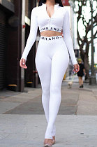 White Simple Women Letter Print Long Sleeve Zipper Crop Top Bodycon Pants Slim Fitting Two-Piece ALS209-4