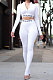 White Simple Women Letter Print Long Sleeve Zipper Crop Top Bodycon Pants Slim Fitting Two-Piece ALS209-4