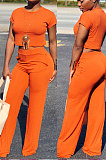 Purple Red Euramerican Sexy Women Dew Waist Short Sleeve Pocket Pure Color Pants Sets KF61-4