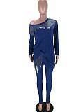 Red Casual Sequins Long Sleeve Round Neck Loose Top Bodycon Pants Two-Piece TZ10863-1