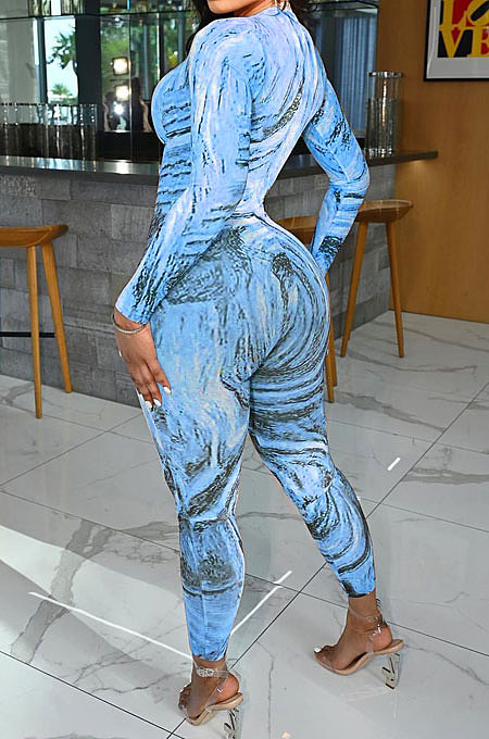 Blue Autumn Winter Women Wave Printing Zipper Slim Fitting Long Sleeve Sexy Bodycon Jumpsuits Q937-3