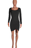 Orange Euramerican Women Long Sleeve Shirred Detail Fashion Pure Color Tight Mini Dress Q926-1