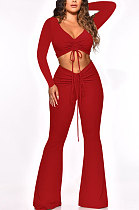 Red Women Autumn Winter Ribber Solid Color Shirred Detail V Collar Sexy Tiny Flared Pants Sets Q921-1