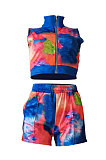 Cyan Women Printing Tie Dye Cardigan Zipper Sexy Casual Shorts Sets ZZ762-2