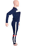 Blcak Women Fleece Woollen Sweater Spliced Stripe Sport Long Sleeve Casual Pants Sets SN390203-1