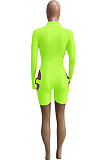 Rose Red Women Club Wear Hollow Out Solid Color Buckle Long Sleeve Sexy Romper Shorts Q940-7