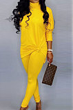 Yellow Cotton Blend Long Sleeve Round Neck Loose T-Shirt Pencil Pants Solid Color Sets TZ10859-1