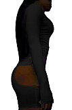 Black Women Club Wear Hollow Out Solid Color Buckle Long Sleeve Sexy Romper Shorts Q940-1