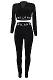 Black Simple Women Letter Print Long Sleeve Zipper Crop Top Bodycon Pants Slim Fitting Two-Piece ALS209-1