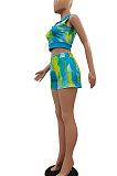 Blue Yellow Women Printing Tie Dye Cardigan Zipper Sexy Casual Shorts Sets ZZ762-5