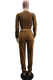 Black Gray Simple Long Sleeve Low-Cut Crop Top Long Pants Solid Color Sport Sets YSH6209-1