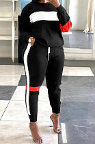 Blcak Women Fleece Woollen Sweater Spliced Stripe Sport Long Sleeve Casual Pants Sets SN390203-1