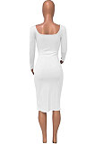 Yellow Women Autumn Square Neck Bodycon Sexy Split Solid Color High Waist Mid Dress Q934-3