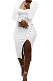 Purple Women Autumn Square Neck Bodycon Sexy Split Solid Color High Waist Mid Dress Q934-5