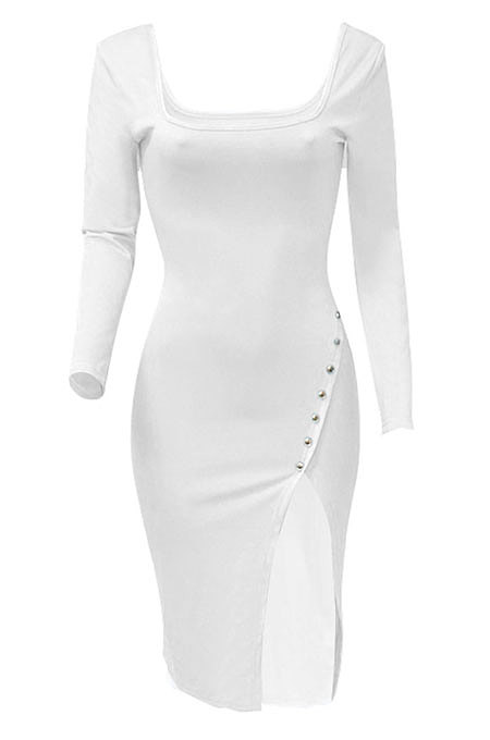 Red Women Autumn Square Neck Bodycon Sexy Split Solid Color High Waist Mid Dress Q934-4
