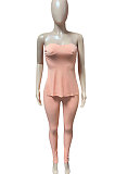 Pink Women Ribber Solid Color Strapless Split Tops Long Pants Casual Two-Pieces Q935-2