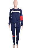 Dark Blue Women Fleece Woollen Sweater Spliced Stripe Sport Long Sleeve Casual Pants Sets SN390203-3