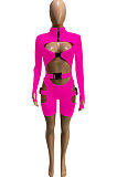 LemonYellow Women Club Wear Hollow Out Solid Color Buckle Long Sleeve Sexy Romper Shorts Q940-6