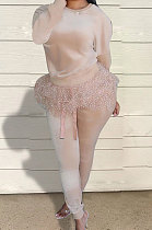 Khaki Wholesal Korea Velvet Mesh Spliced Long Sleeve Round Collar Jumper Pencil Pants Two-Piece TZ10852-2