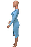 Sky Blue Women Autumn Square Neck Bodycon Sexy Split Solid Color High Waist Mid Dress Q934-9