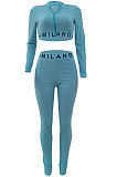 Black Simple Women Letter Print Long Sleeve Zipper Crop Top Bodycon Pants Slim Fitting Two-Piece ALS209-1