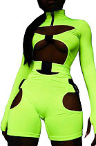 Neon Green Women Club Wear Hollow Out Solid Color Buckle Long Sleeve Sexy Romper Shorts Q940-5
