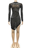 Apricot Night Club Mesh See-Through Hot Drilling Tassel Long Sleeve Round Collar Slim Fitting Mini Dress XZ5216-2