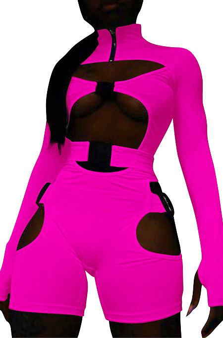 Neon Green Women Club Wear Hollow Out Solid Color Buckle Long Sleeve Sexy Romper Shorts Q940-5