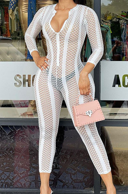 Black Sexy Gridding See-Through Long Sleeve Zipper Collcet Waist Bodycon Jumpsuits ALS263-3