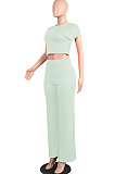 Light Blue Euramerican Sexy Women Dew Waist Short Sleeve Pocket Pure Color Pants Sets KF61-8