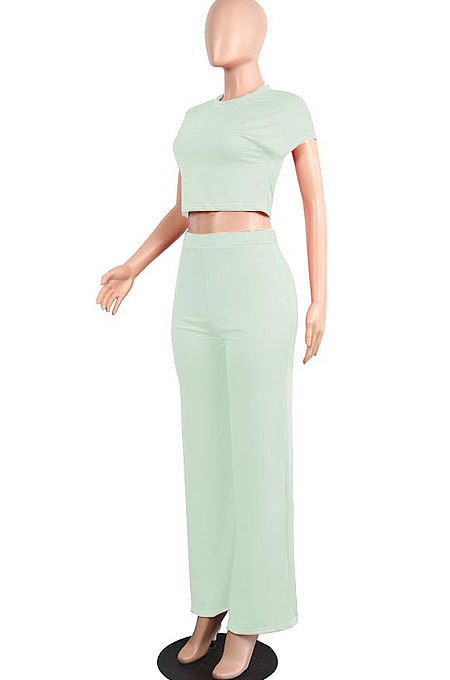 Light Blue Euramerican Sexy Women Dew Waist Short Sleeve Pocket Pure Color Pants Sets KF61-8