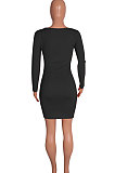 Black Euramerican Women Long Sleeve Shirred Detail Fashion Pure Color Tight Mini Dress Q926-3