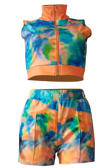 Purple Women Printing Tie Dye Cardigan Zipper Sexy Casual Shorts Sets ZZ762-3