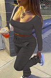 Black Simple Long Sleeve Low-Cut Crop Top Long Pants Solid Color Sport Sets YSH6209-2