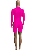 LemonYellow Women Club Wear Hollow Out Solid Color Buckle Long Sleeve Sexy Romper Shorts Q940-6