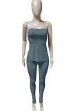 Dark Blue Women Ribber Solid Color Strapless Split Tops Long Pants Casual Two-Pieces Q935-5